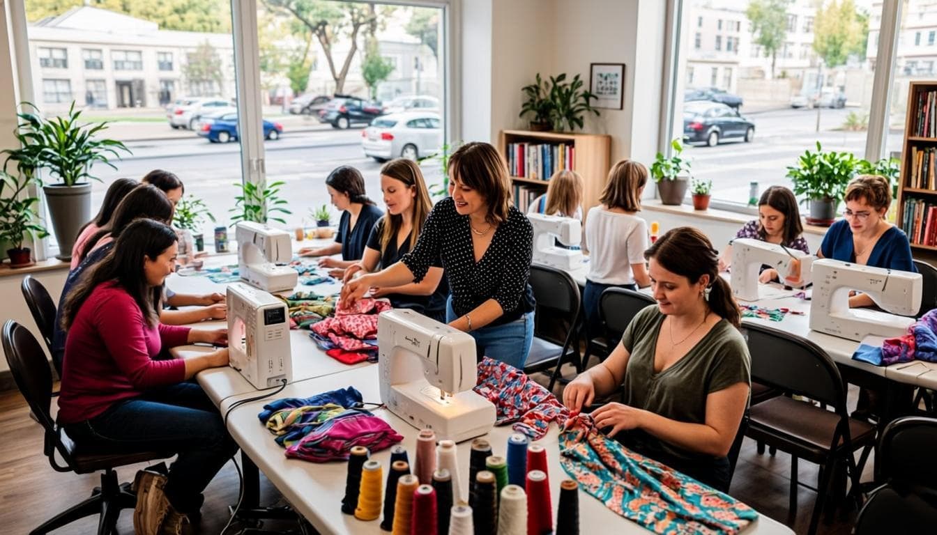 Atelier couture communautaire avec des femmes travaillant sur des machines à coudre